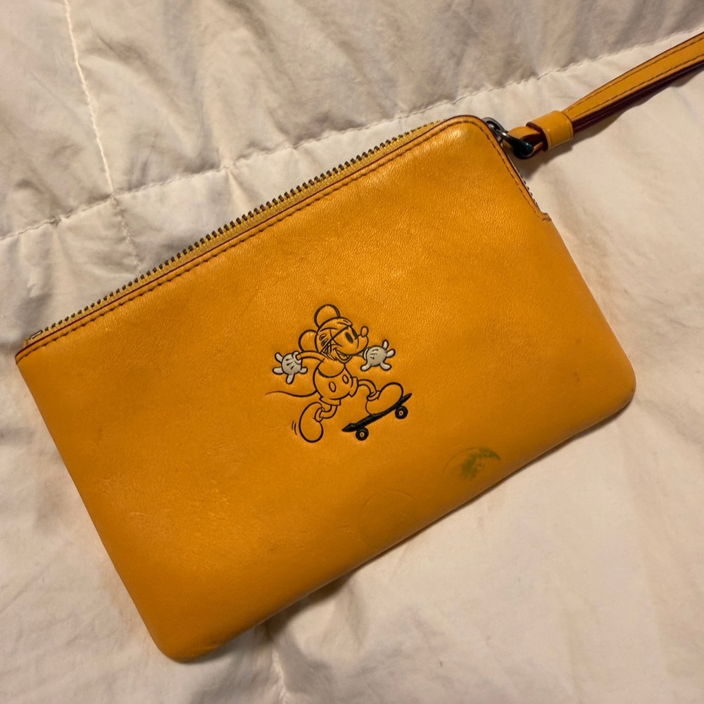 Yellow Leather Wristlet Clutch with Playful Character Graphic